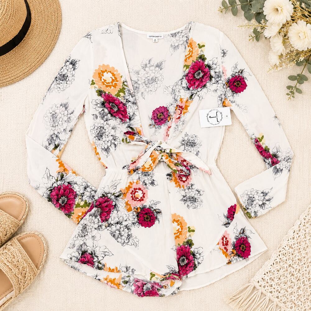 Cotton Candy LA Floral Plunging Tie Front Romper White Pink Orange Size M NWT